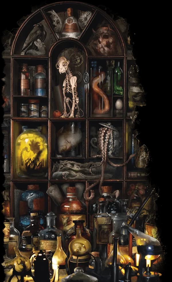 Painting of a curio cabinet crowded with skulls, potions and specimens in jars
