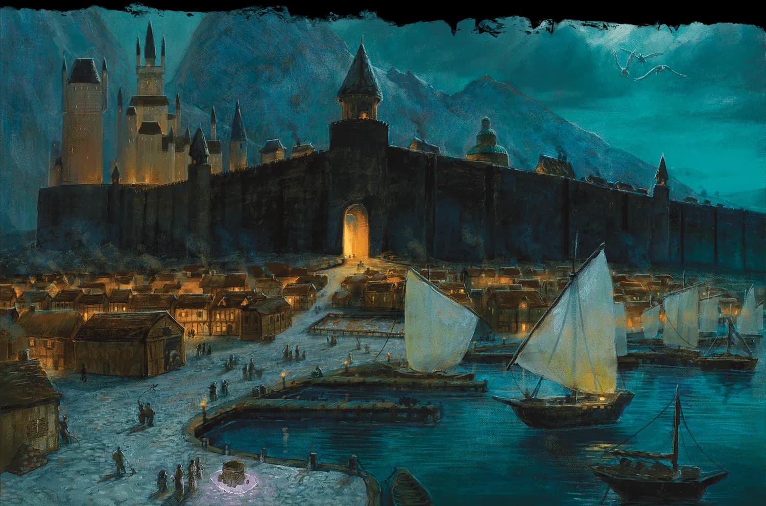 Painting of the Free City of Greyhawk at night, its walls and harbor lit by lanterns