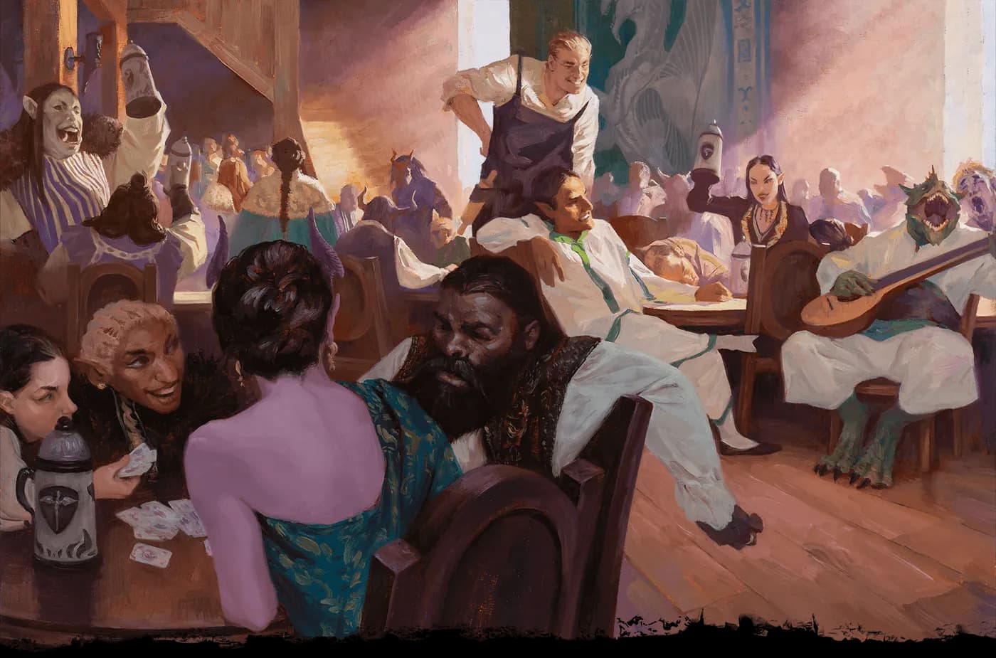 Painting of a crowded tavern where adventurers drink, play cards and make music
