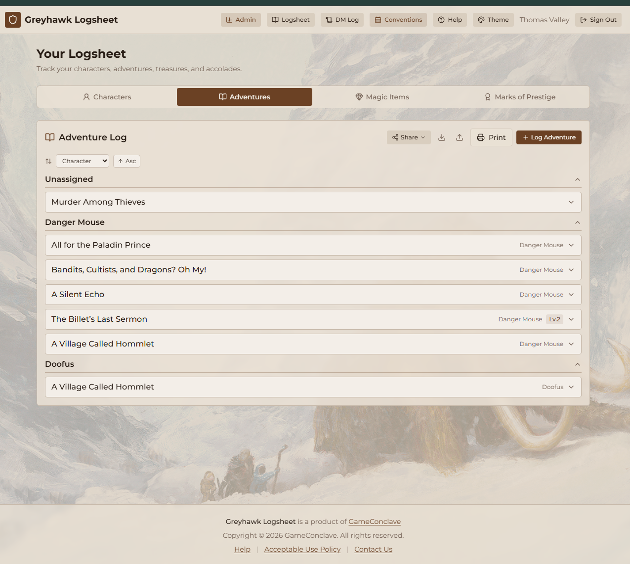 Greyhawk Logsheet Adventure Log Interface