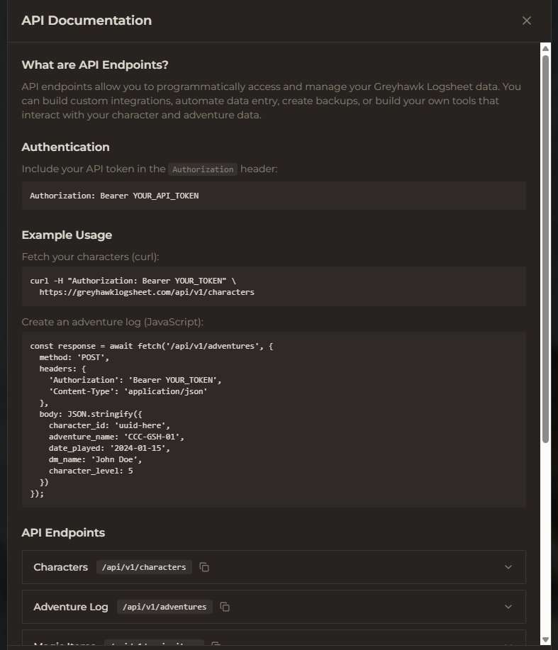 Greyhawk Logsheet API Documentation