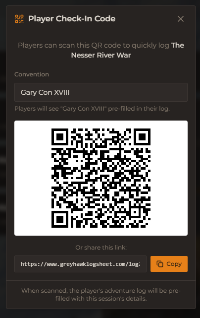 Greyhawk Logsheet QR Code Check-In